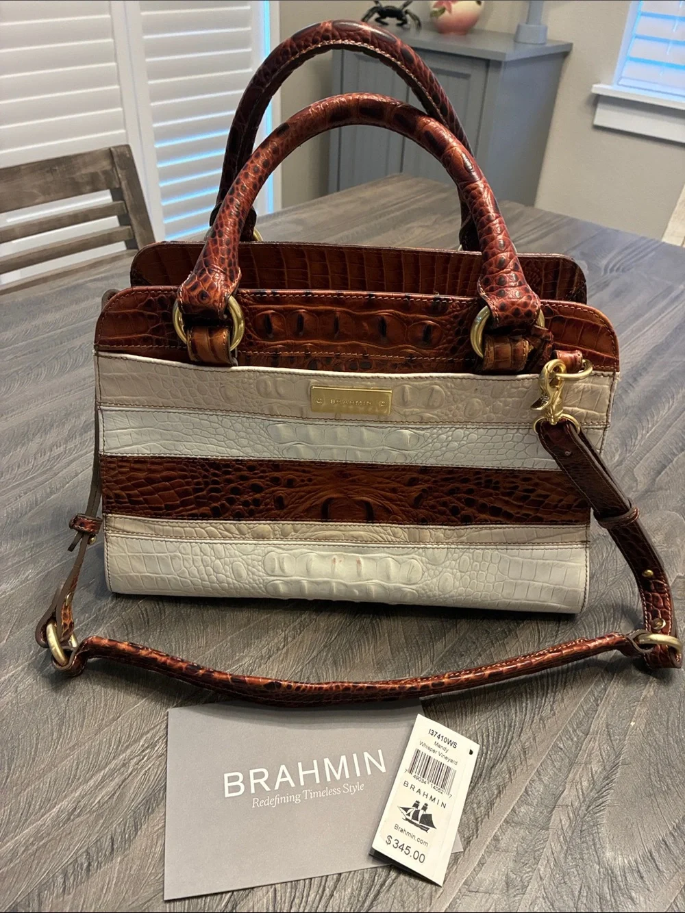 Brahmin Mandy Whisper Vineyard Brown and White Croc-Embossed Stripe Satchel